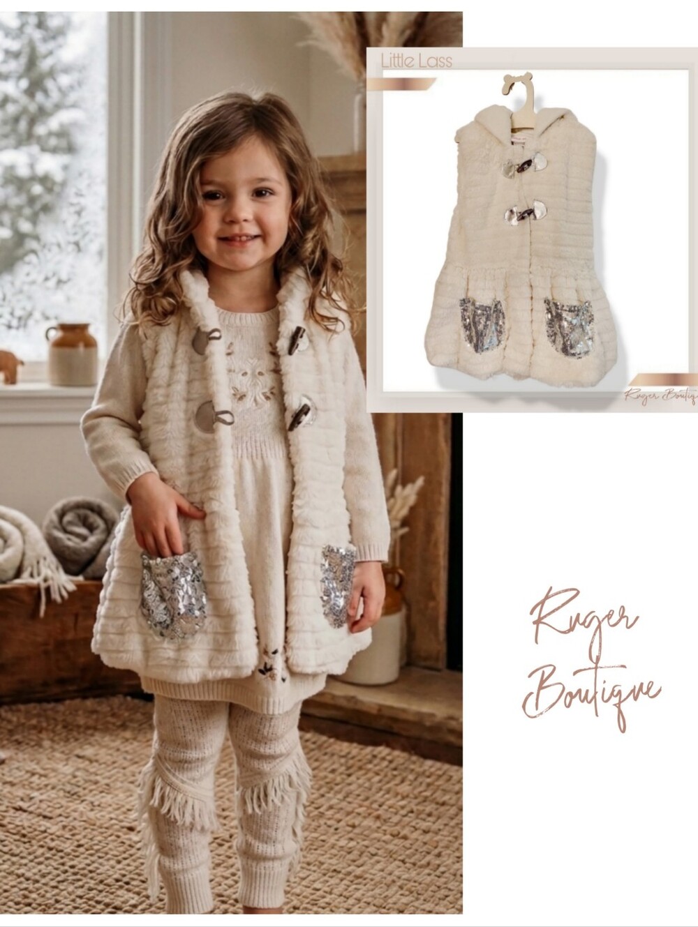 🌿Little Lass Girls 4T Cream Faux Fur Hooded Tunic Vest Sequin Pockets Boho